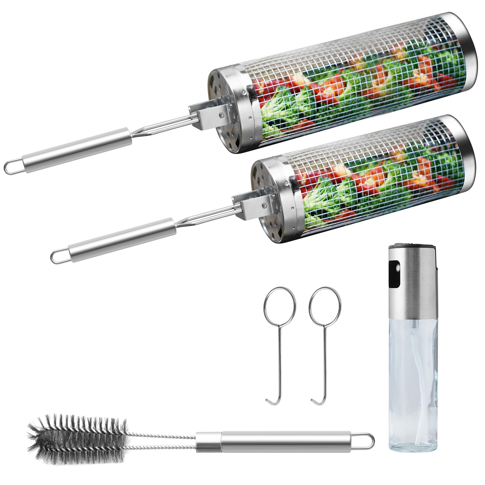 Meytunsin Nesting Grill Baskets (2PCS), 304 Stainless Steel with Removable Stainless Steel Handle, Rolling Grilling Net, BBQ Accessories Tools for Vegetables Shrimp, Outdoor Cooking Camping, Gifts for Men Dad Husband