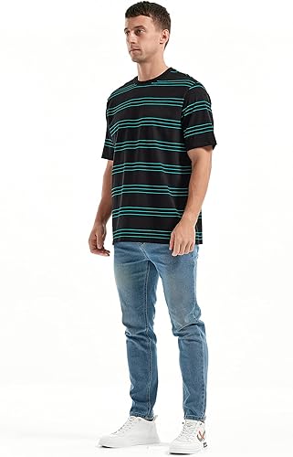 Miniatura 4 de KLIEGOU Camiseta a rayas con cuello redondo y ajuste holgado para hombre
