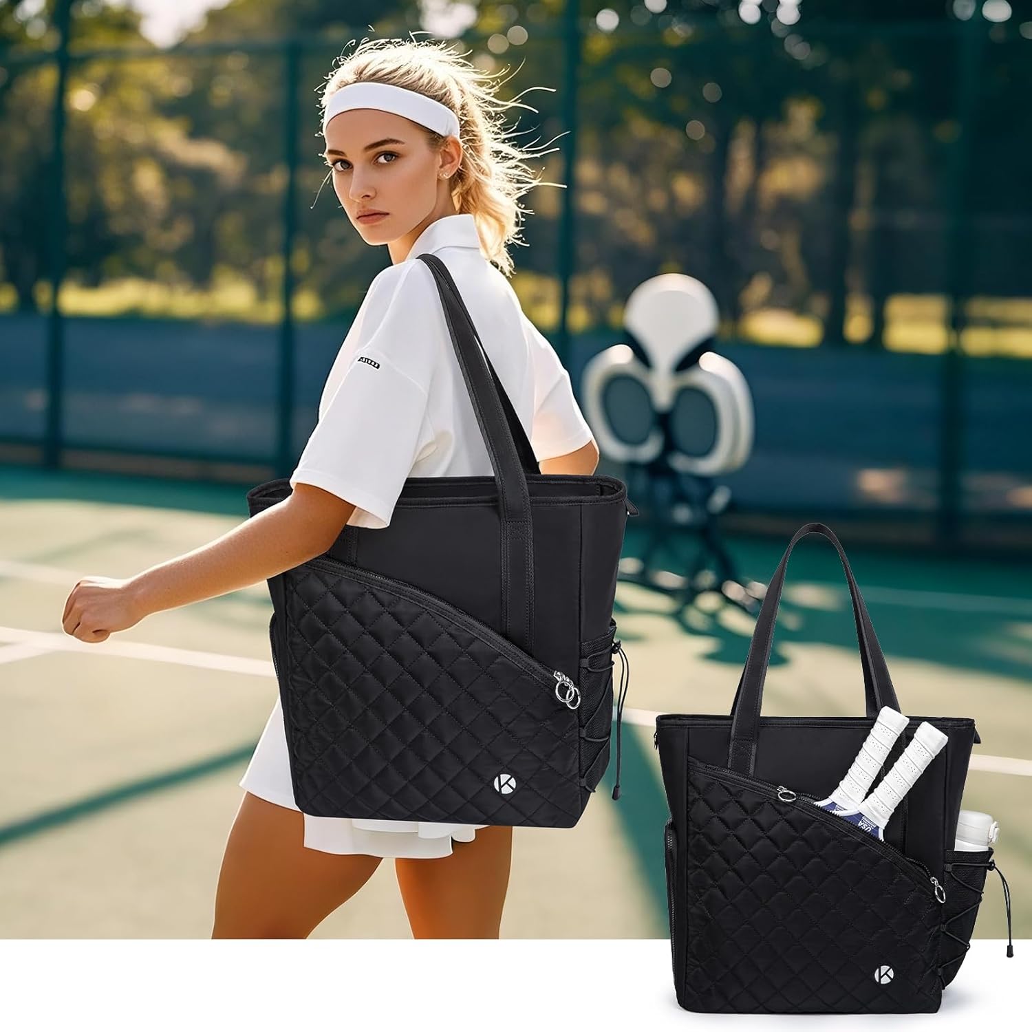 Pickleball Tote Bag for Women with Fence Hook, Quilted Pickleball Bag Holds 3-4 Paddles with Shoe Compartment & Wet Pocket