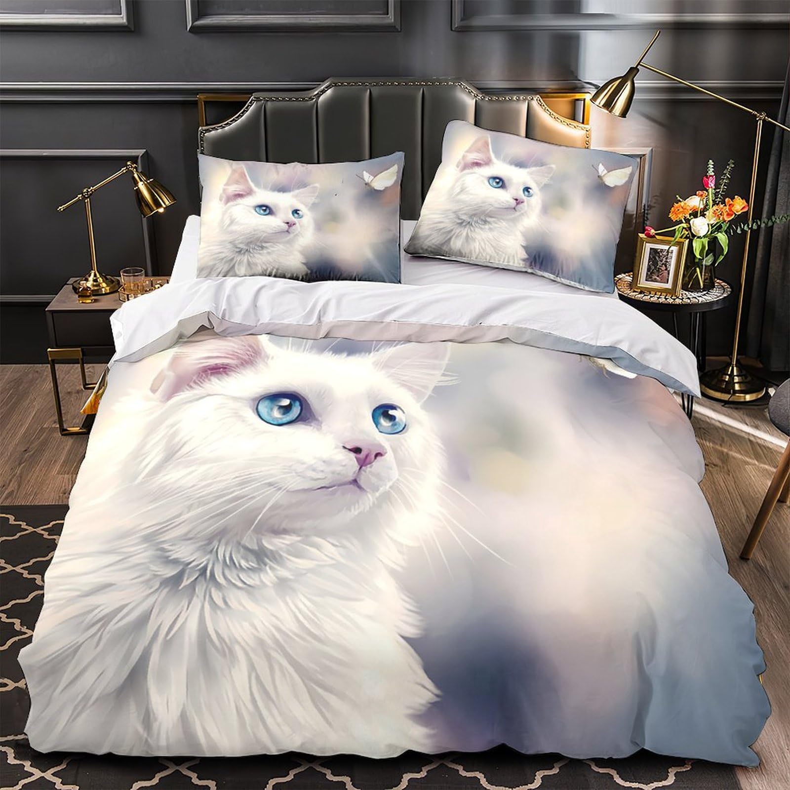 Housse de couette chat blanc en microfibre king 220x240 parure de lit 3 pièces pour enfant