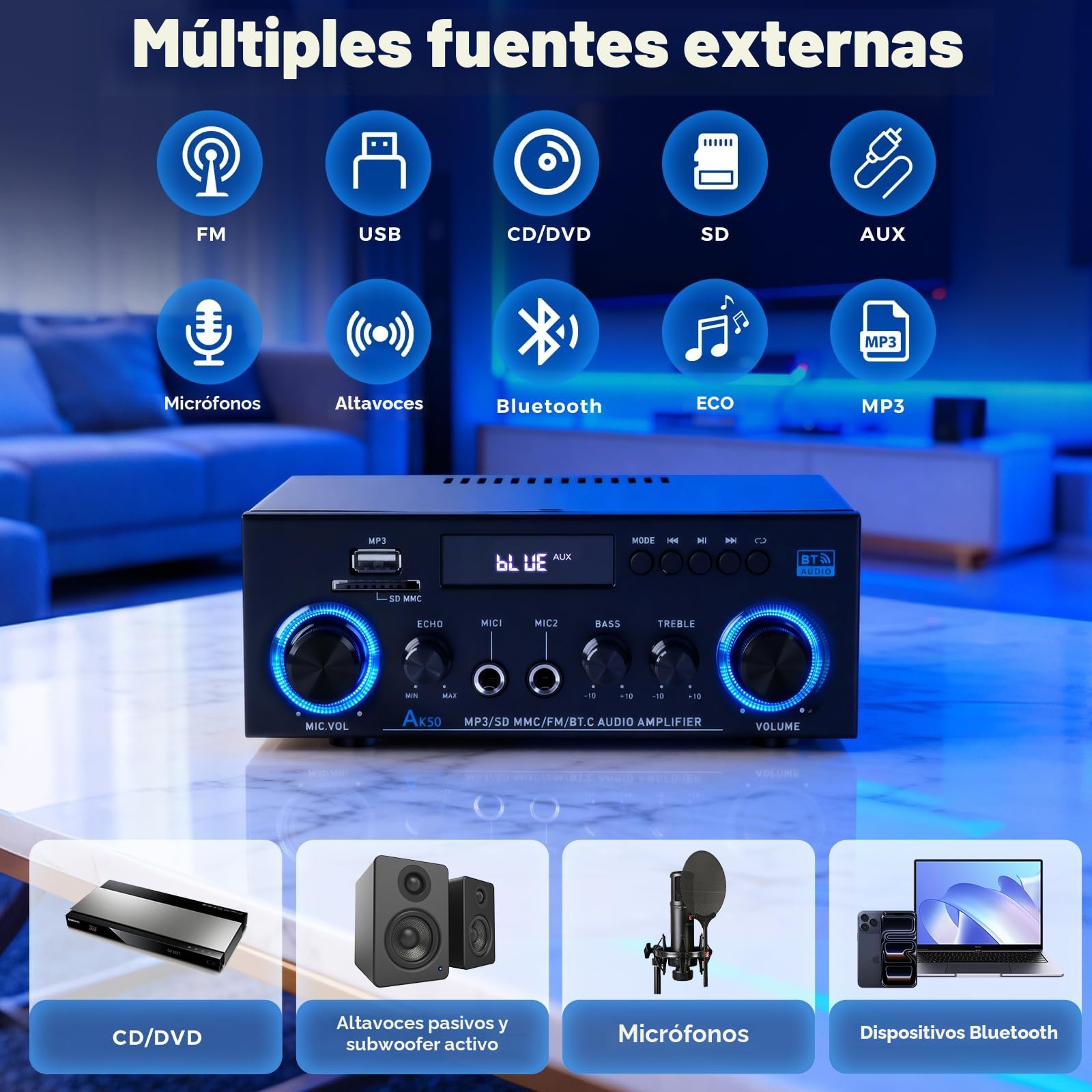 Romicta AK50 Amplificador de Audio Estéreo 800W, Bluetooth 5.0, 2 Canales, con Radio FM, USB, SD, Echo, Micrófono input y Control Remoto, para Cine en Casa