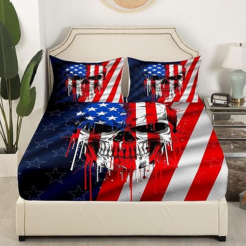 Miniatura 3 de Manfei Juego de sábanas de calavera tamaño matrimonial, juego de ropa de cama de calavera con bandera estadounidense para decoración de habitación