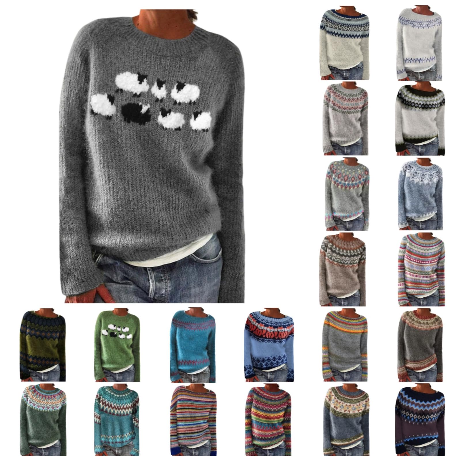 Christmas Sweaters for Women Fair Isle Pattern Long Sleeve Sweater Lightweight Fall Winter Knitwear Pullover Tops