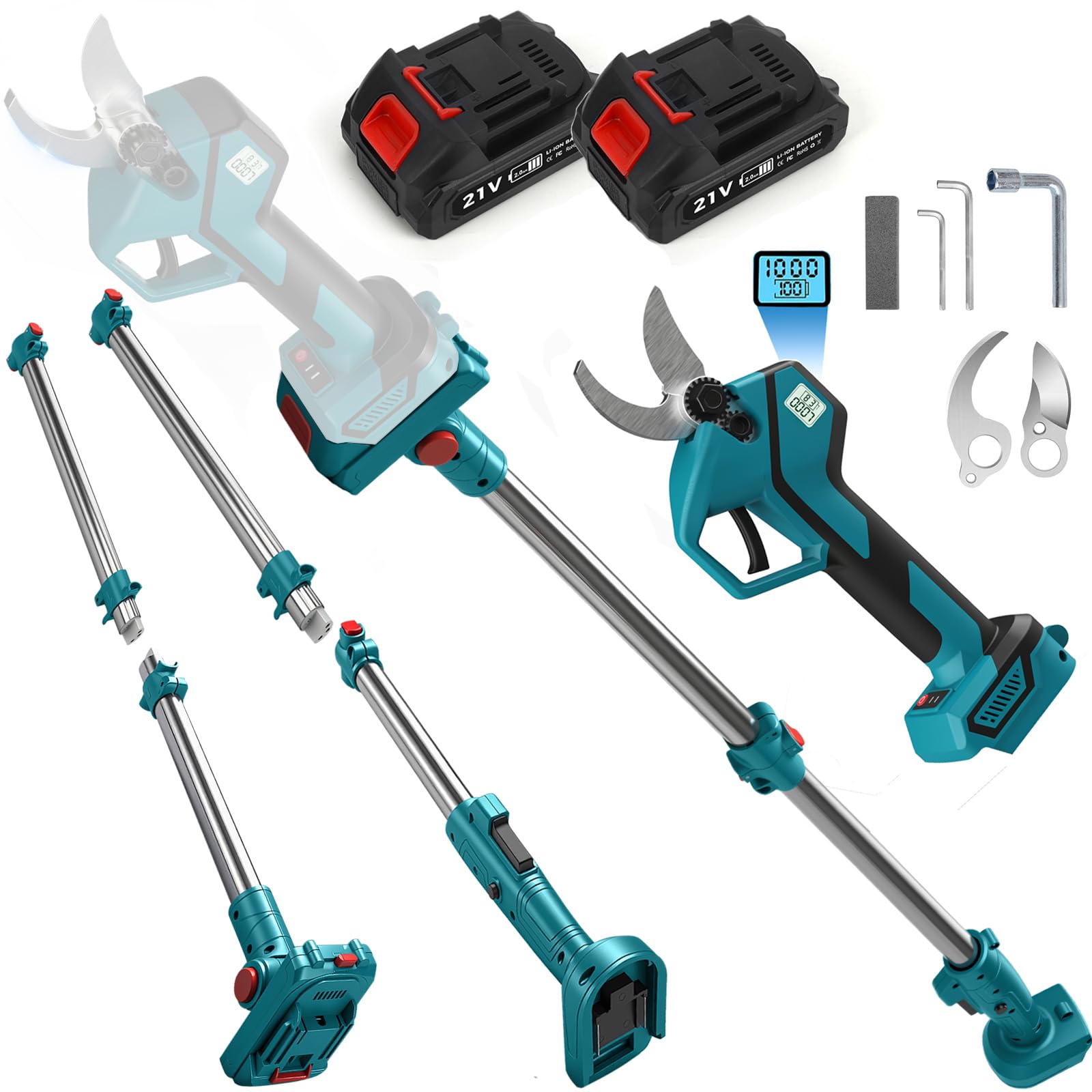 Tijeras de podar telescópicas con percha telescópica con 21V 4000 mAh | 50 mm 2 en 1 Sierra de poda eléctrica inalámbricas Tijeras de batería para makita 18v para podar árboles, árboles frutales