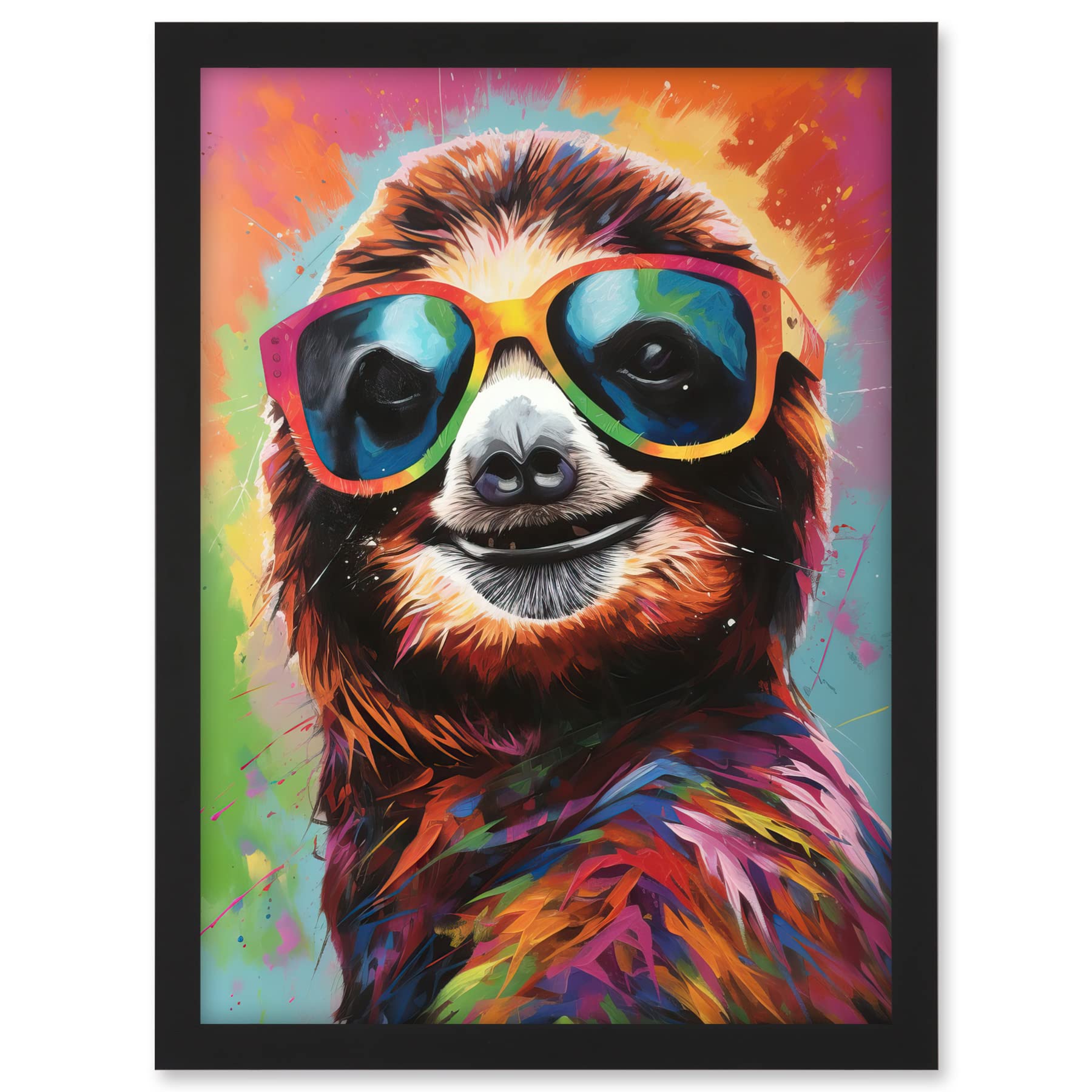 Artery8 Multicoloured Smiling Sloth Wearing Sunglasses Artwork Framed A3 Wall Art Print