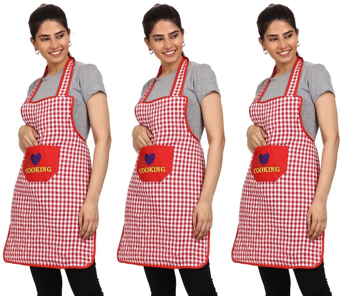 JMi Check Cotton Fabric Waterproof Apron For Men And Women With Front Embroidered Pocket (Free, RED, 3) (B0B68LHF9V) Amazon Price History, Amazon Price Tracker
