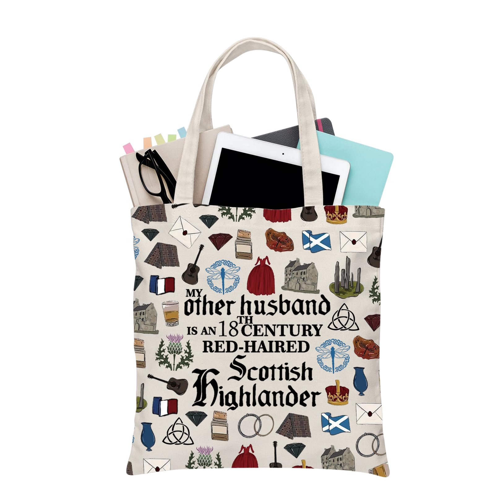 BDPWSS Sassenach Tote Bag My Other Husband is an 18th Century Red Haired Scottish High Sassenach Dragonfly Gift