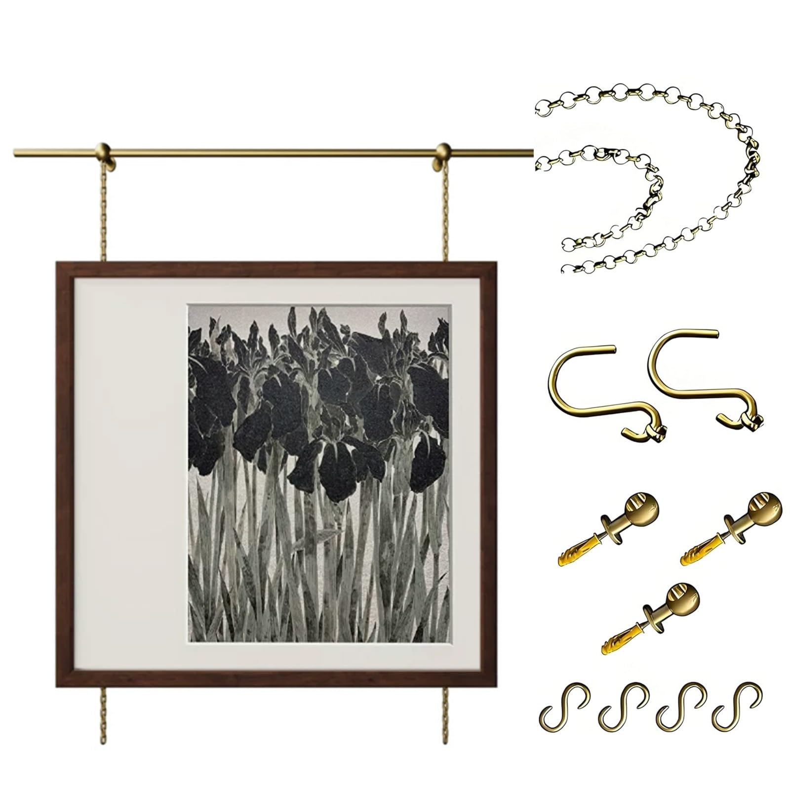 Xxbbyubo Vintage Brass Picture Rail Kit, Adjustable Gallery Display Rod with Chain and Hooks, French Style Picture Hanging System for Home Décor, 60-150cm(70cm Rod)