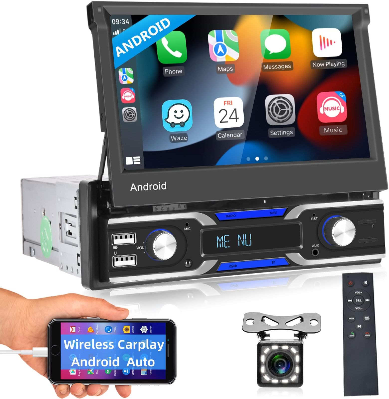 Podofo Single Din Wireless Apple Carplay Android Car Stereo Support Android Auto GPS Navigation Bluetooth WiFi FM USB SWC 7” Flip Out Touchscreen Radio Audio in Dash with Backup Camera Volume Knob