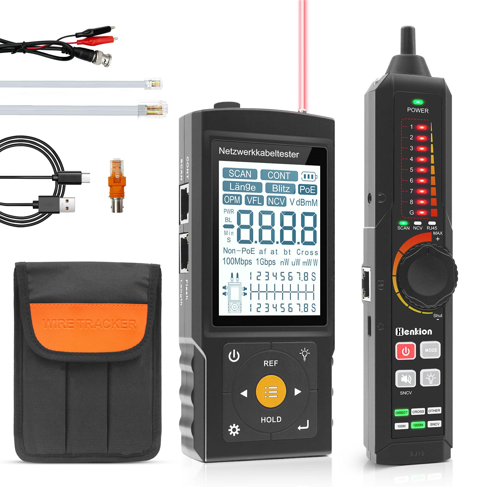 Henkion Multifunktions-RJ45-Netzwerkkabeltester,Kabelverfolger,Aufladbar,UTP-Kontinuitäts-und Steckerfehlertest,Länge,OPM,POE 802.3af/at/bt und nicht standardmäßige POE-Erkennung,Port-Blinken,NCV