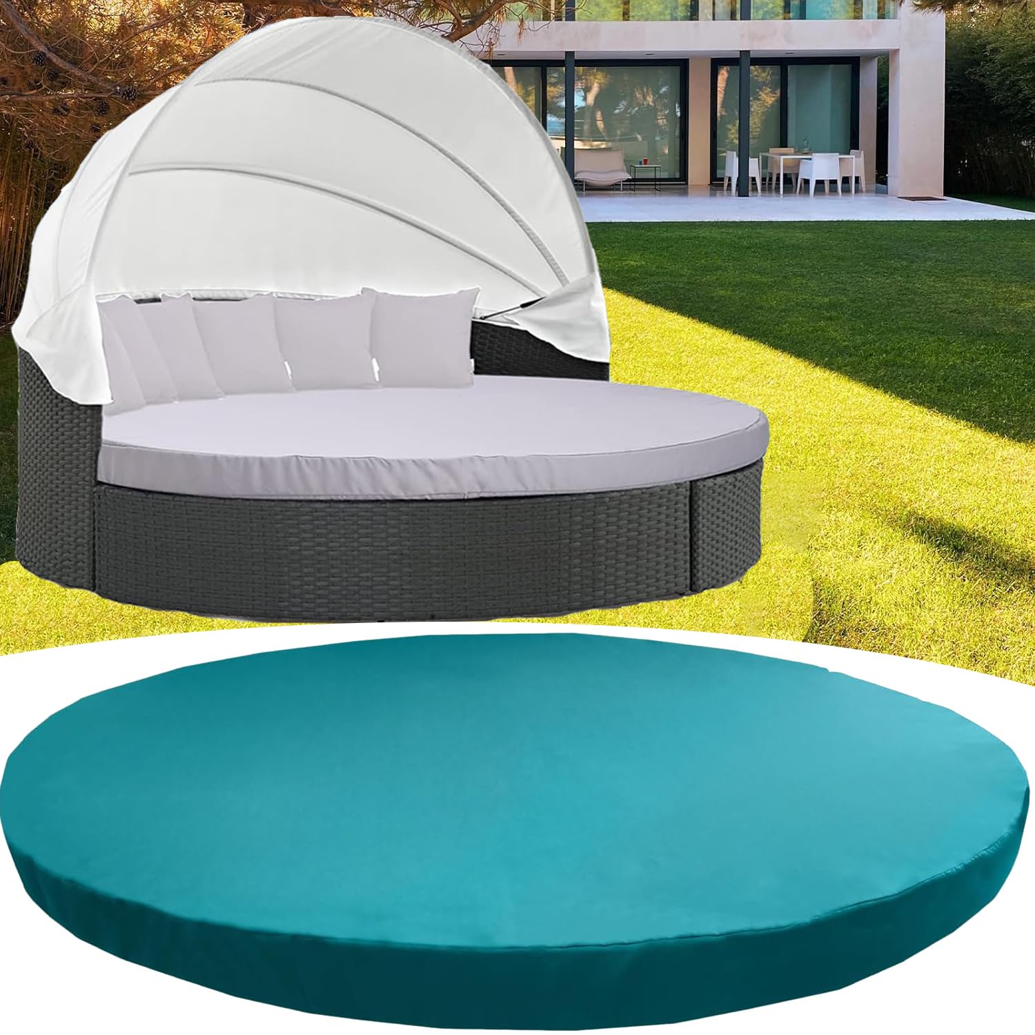Copertura rotonda per lettino da esterni, 167 cm, con fascia elastica per una facile installazione, copertura per lettino da sole, impermeabile e durevole, resistente ai raggi UV, ideale per