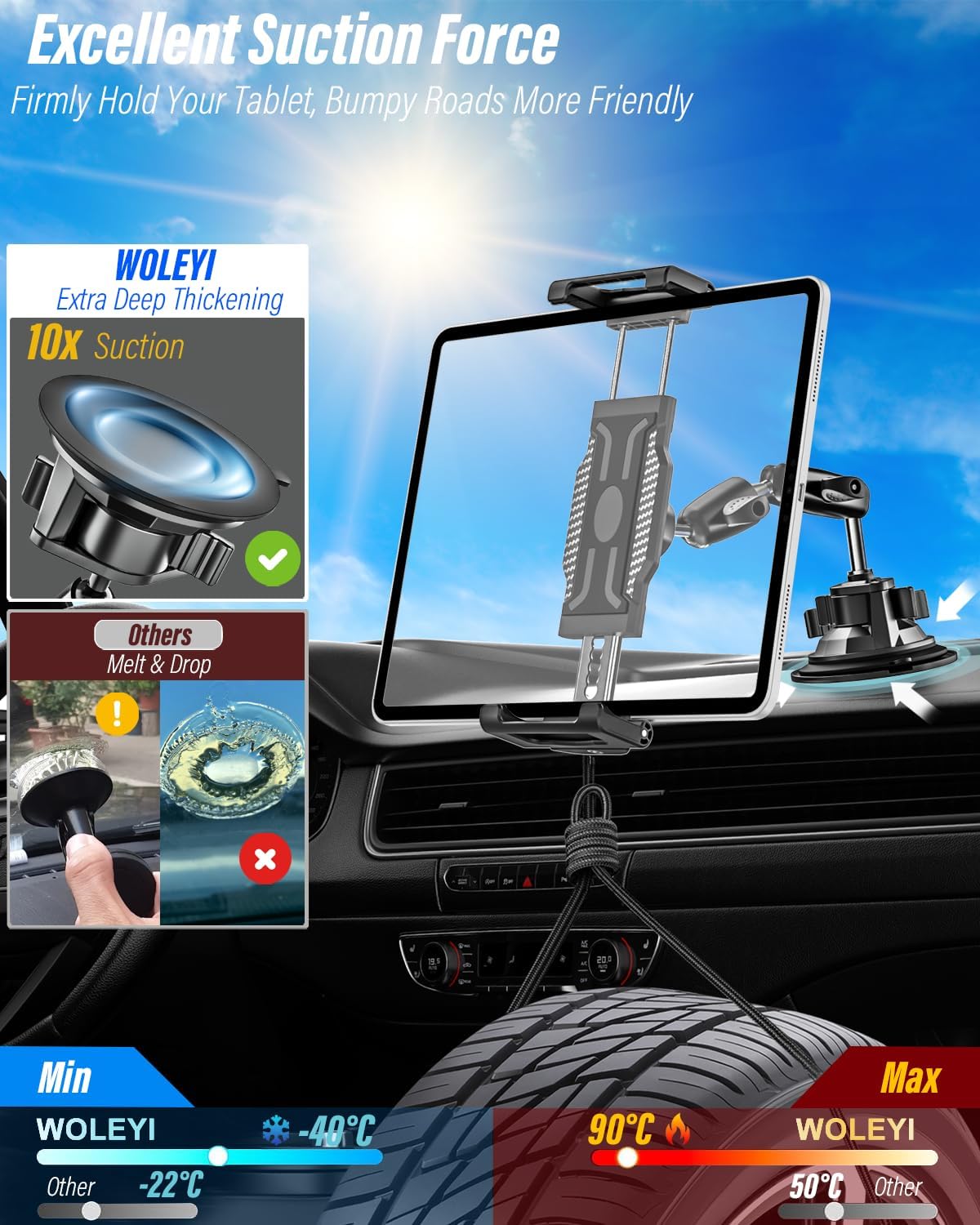woleyi Tablet Holder for Car Truck Heavy Duty Suction Cup [Large Clamp] [Thick Case Friendly] Tablet Mount for Windshield, Dashboard, Window, for iPad Pro Air Mini, iPhone, Galaxy Tab, 6-15.6 Devices