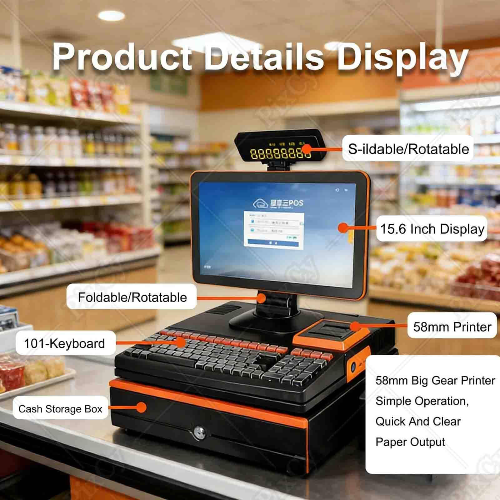 PixCy Cajas Registradoras Comercio,Tpv Comercio Completo,15,6" Touch Screen + 58mm Impresora Térmica + Cajón Automático,Gestión Inventario + Pago Múltiple,Dueños Tiendas/Comerciantes Single