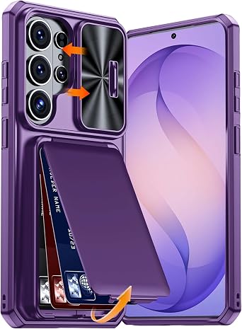 NINKI Hidden Kickstand for Samsung Galaxy S26 Ultra Phone Case with Slide Camera Lens Cover, Rugged Shockproof Protective Wallet with Card Slot Case for Samsung S26 Ultra Phone Cover Women Girl Purple