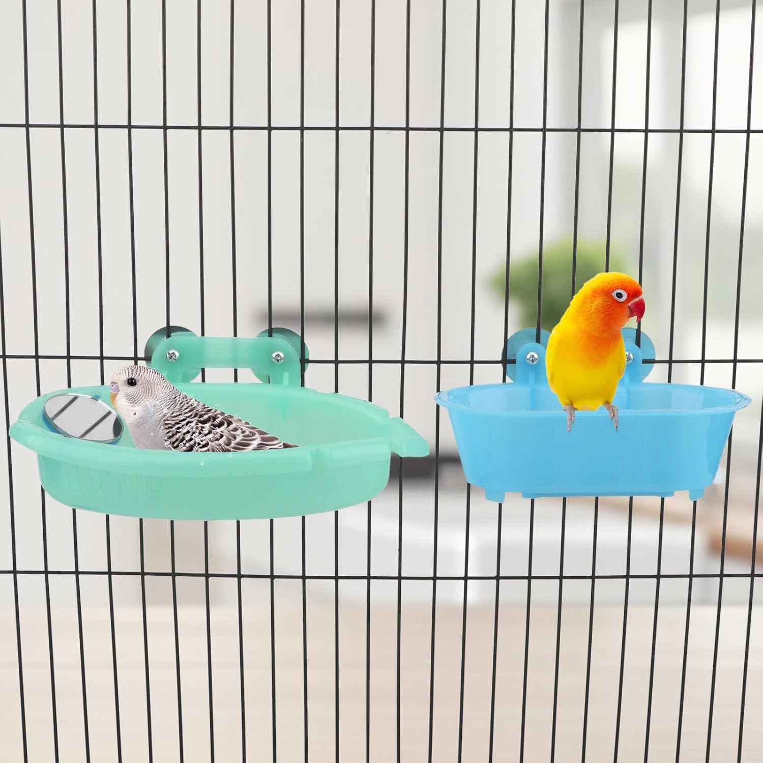 Wontee Bird バスボックス ミラー付き ポータブル オウム 吊り下げ式 バスルーム お風呂 浴槽 小鳥 掃除用品 (ブルー