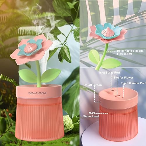 Miniatura 6 de Bedroom Mini Humidifier Cute, Auto Shut Off 260ml With Flower, Cool Mist, 7 Colors Night Light, Quiet, Portable Ultrasonic Essential Oil Diffuser