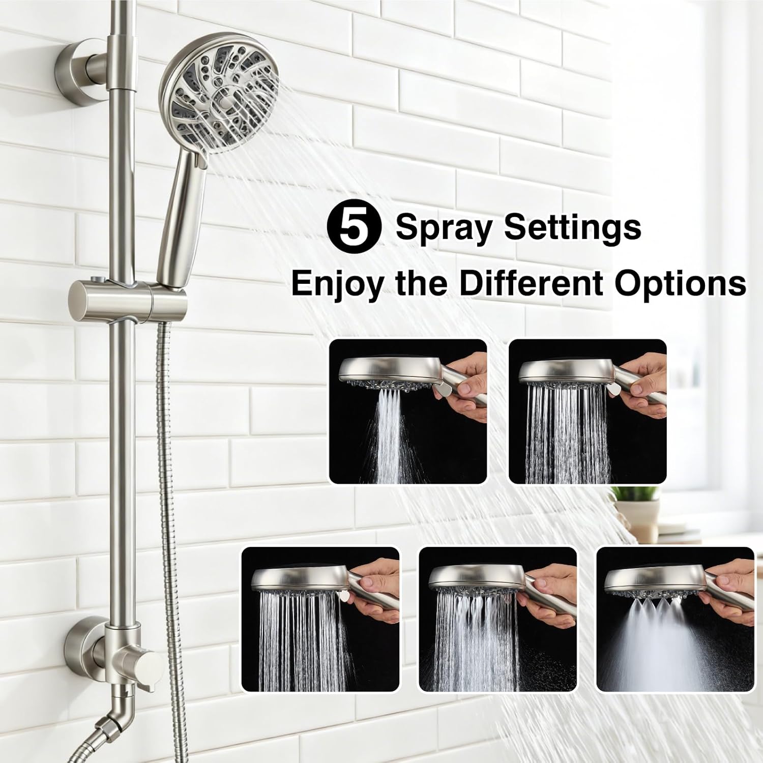 Midanya Retrofit Rain Shower System Wall Mount 8 Inch Rainfall Shower Head with 5-setting Handheld Spray Combo with Slide Bar,Brushed Nickel