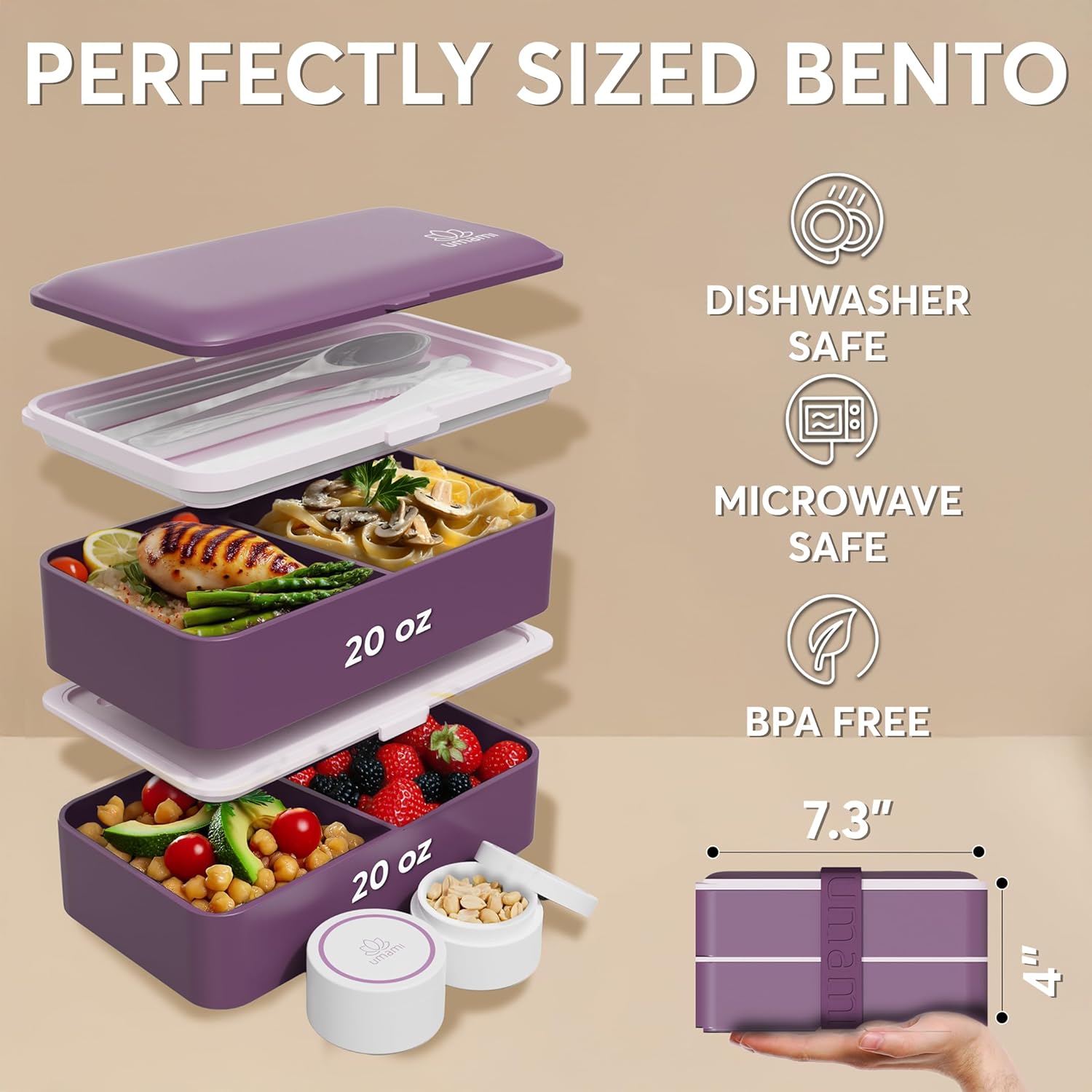 Umami Bento Box Adult All-In-1 w/4 Utensils, 2 Sauce Jars, 2 Dividers, 100% Leakproof, Microwave & Dishwasher Safe, Stackable Bento Lunch Box Containers for Men/Women, Royal Purple, 40 oz - Image 5