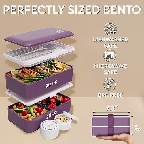 Miniatura 5 de Umami Bento Box - Caja Bento para adultos todo en 1 con 4 utensilios, 2 tarros de salsa, 2 divisores, 100% a prueba de fugas, apta para microondas y