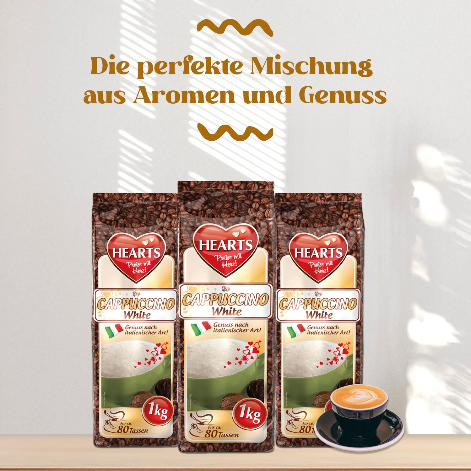 HEART's Cappuccino White Line, 5 x 1kg proszku do kawy instant, intensywny aromat, rozpuszczalny, mleczny, kremowy o smaku waniliowym, opakowanie zapasowe 5 sztuk, wystarcza na 400 filiżanek
