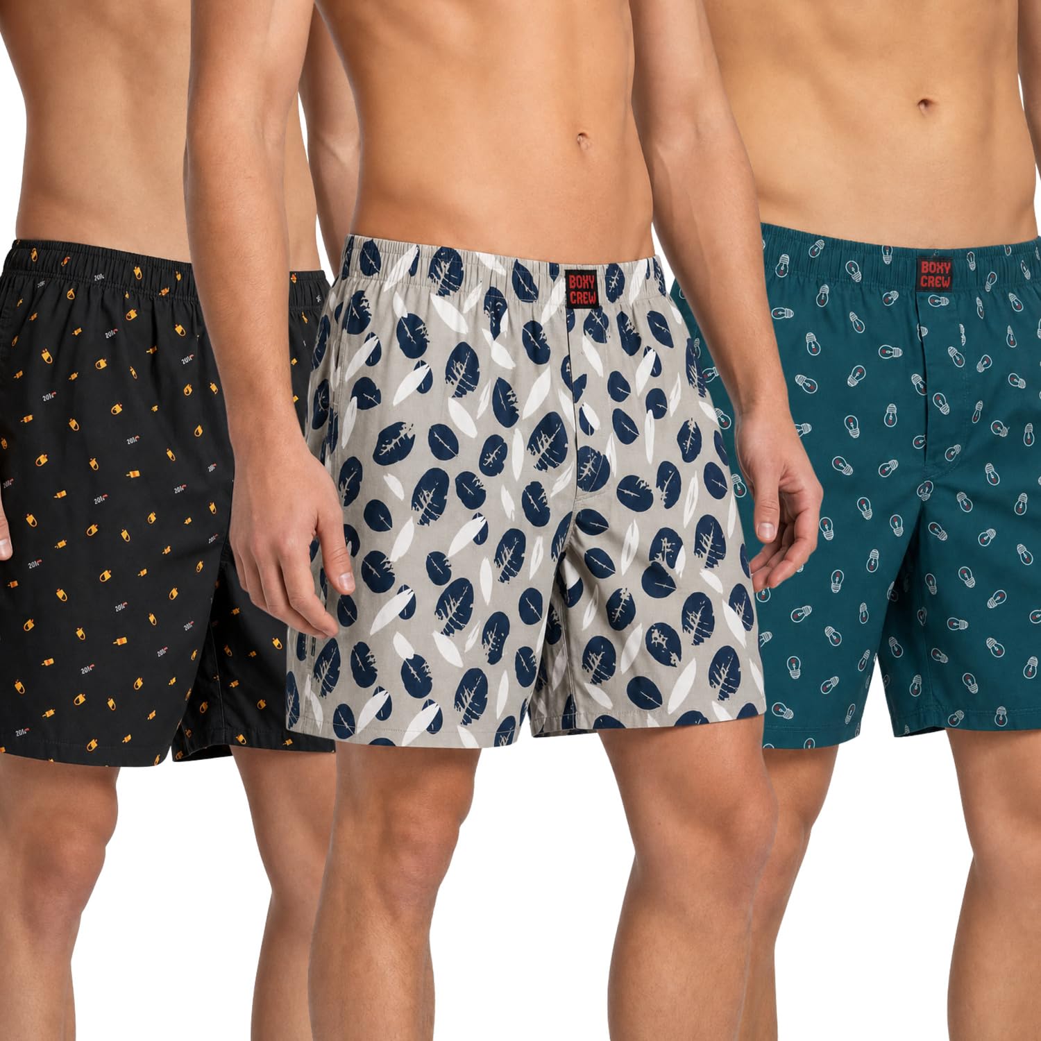 Men's 100% Cotton Printed Boxer Shorts Pack of 3 with Dual Side Pockets and Fabric-Covered Waistband - Black/Cream/Teal, Styles MBX016, MBX021, MBX027-picture-39