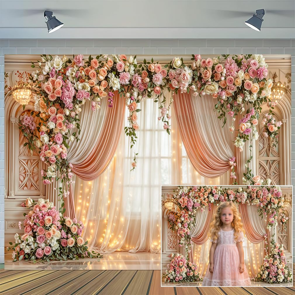 Photo 1 of 10X8ft Romantic Floral Wedding Backdrop Pink Flower Curtain Photography Background Anniversary Ceremony Bridal Shower Engagement Party Decor Photo Booth Props Wall Banner