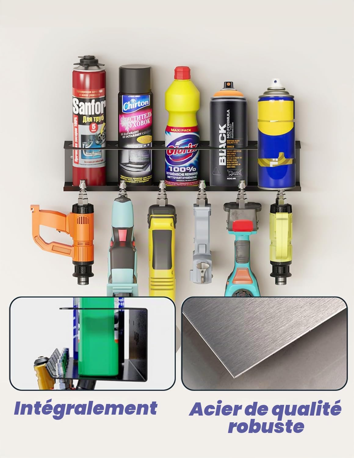 Support de canette, support de bombe aérosol, accessoire pour garage atelier, espace pour 5 pulvérisateurs et 6 compressed Air 2 pièce