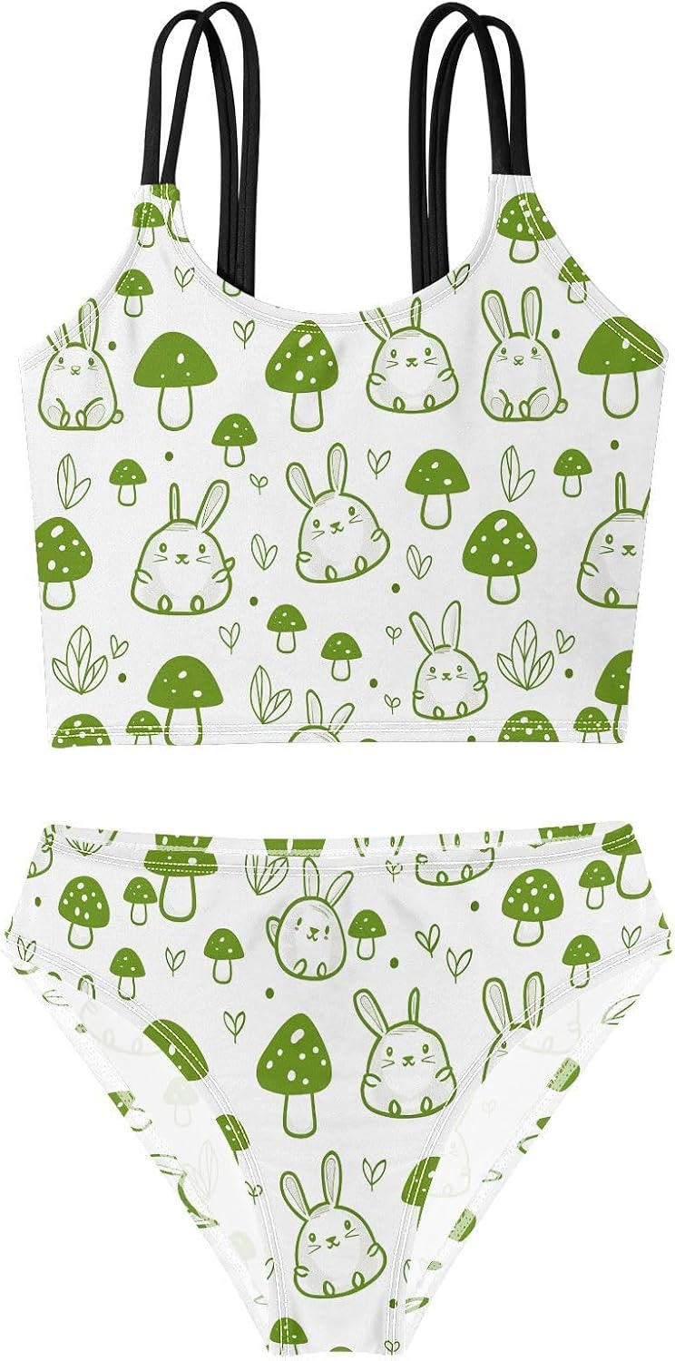 visesunny Girls Two Piece Swimsuits Mushroom Rabbit Sketch Girl's Bikini Sets Bathing Suits for Girls Size 5-12Y
