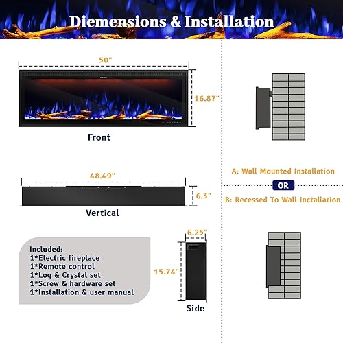 Miniatura 7 de Clihome Calentador eléctrico de chimenea de 50 pulgadas con chimenea LED Wi-Fi para montaje en paredchimenea eléctrica empotrada con cristales de