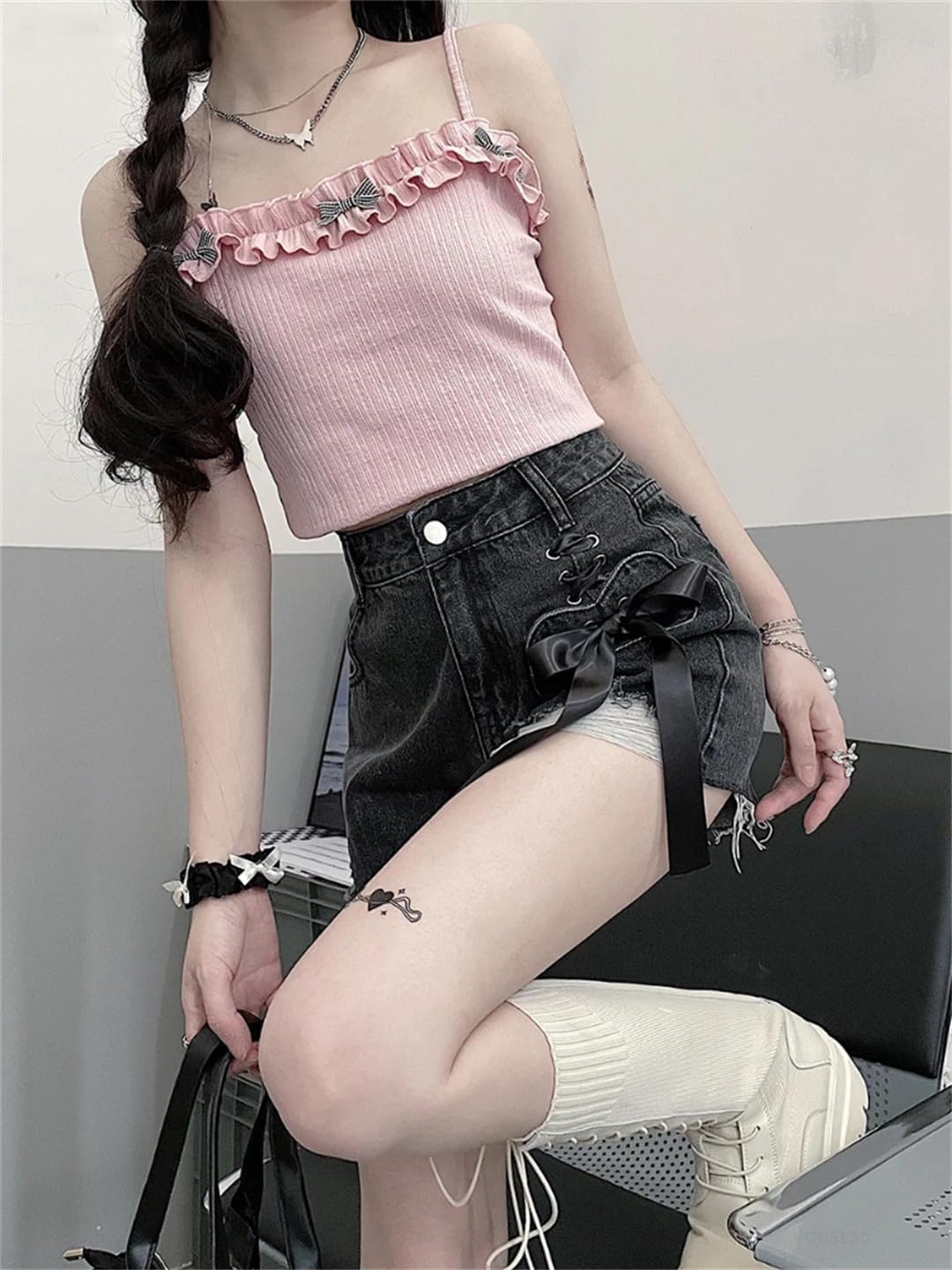 Vintage Denim Shorts Women Large Korean Sweet Hearts Bow Bandage Hole Short