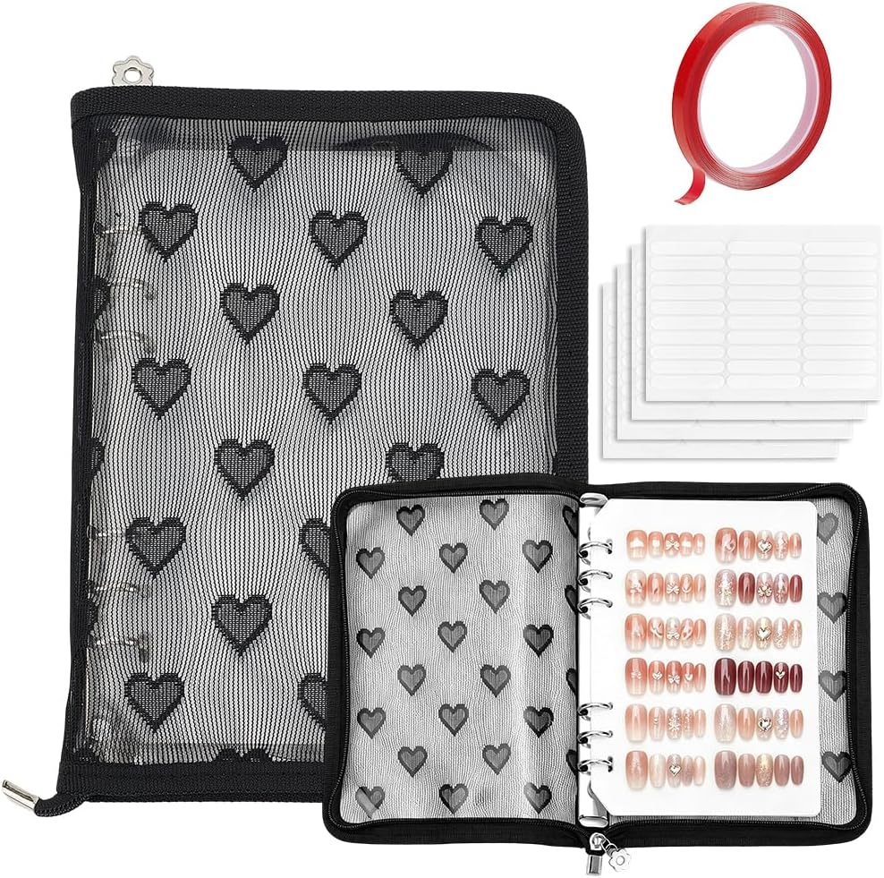 WADORN Press On Nail Storage Organizer Binder, Clear Empty Nails Art Organizer Display Book with 8 Insert Pages and Double Sized Tapes for Reusable Collecting Nail Salon Business Supplies, Black