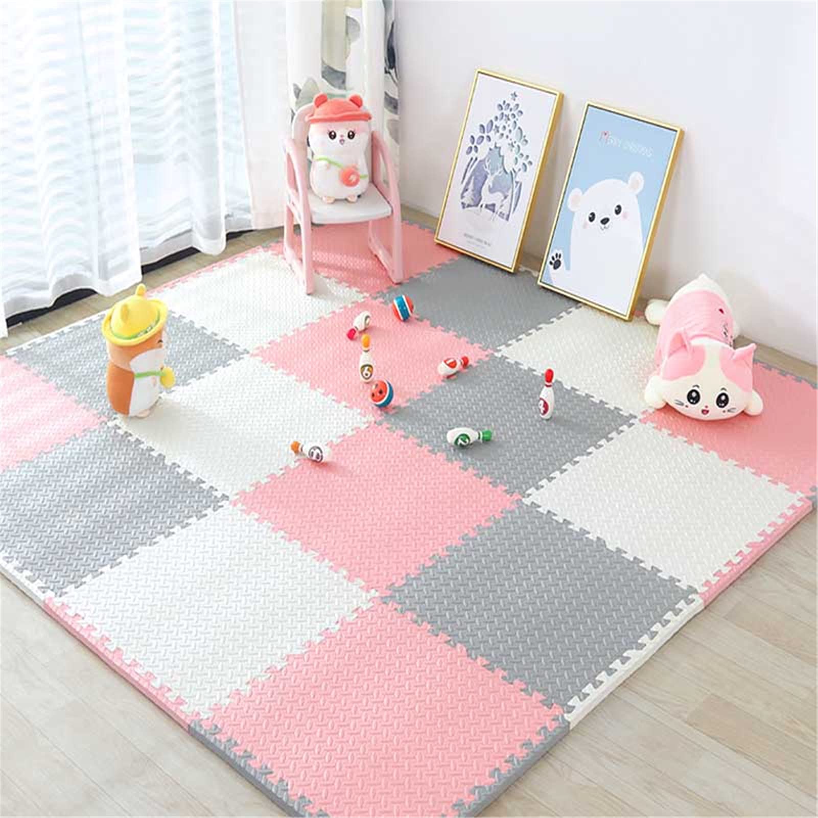 Alfombras de Juego Puzzle de Espuma, Alfombrilla Espuma EVA Multicolor entrelazada para niños, Alfombra Juego para niños para jardín Yoga Ejercicio Gimnasia, 30x30x1.2 cm,White+Pink+Purple,24