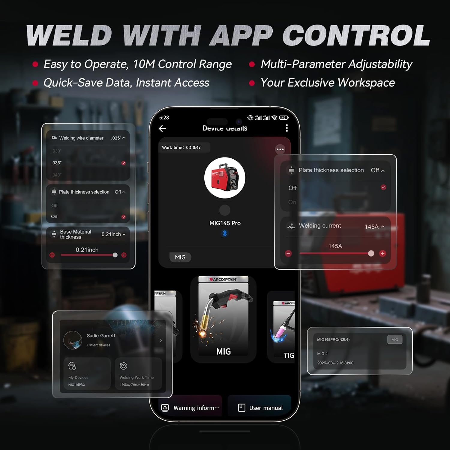 Smartphone screen showing the ARCCAPTAIN app interface for welder control