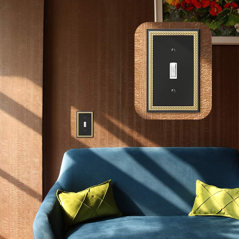 Pearled Frame Decorative Wall Plate Switch Plate Outlet Cover (Single Toggle 2PK, Black & Dark Golden)