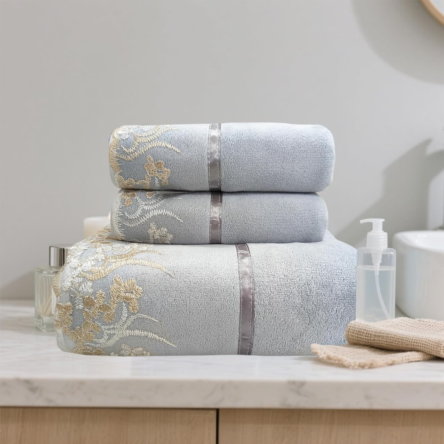 USTIDE 3 Pack Grey Lace Towels Set Luxury Soft Velvet Bath Towels Set for Bathroom Toilet Gym(1 Bath Towel+2 Hand Towels)