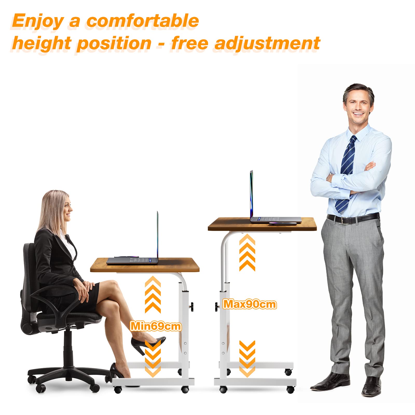 Scrivania Regolabile in Altezza Professionali, Tavolino da Letto per PC con Ruote, 60x40cm Tavolo da Lavoro Mobile, Standing Desk per Ufficio, Camera da Letto, Soggiorno, Divano, Cameretta, Beige