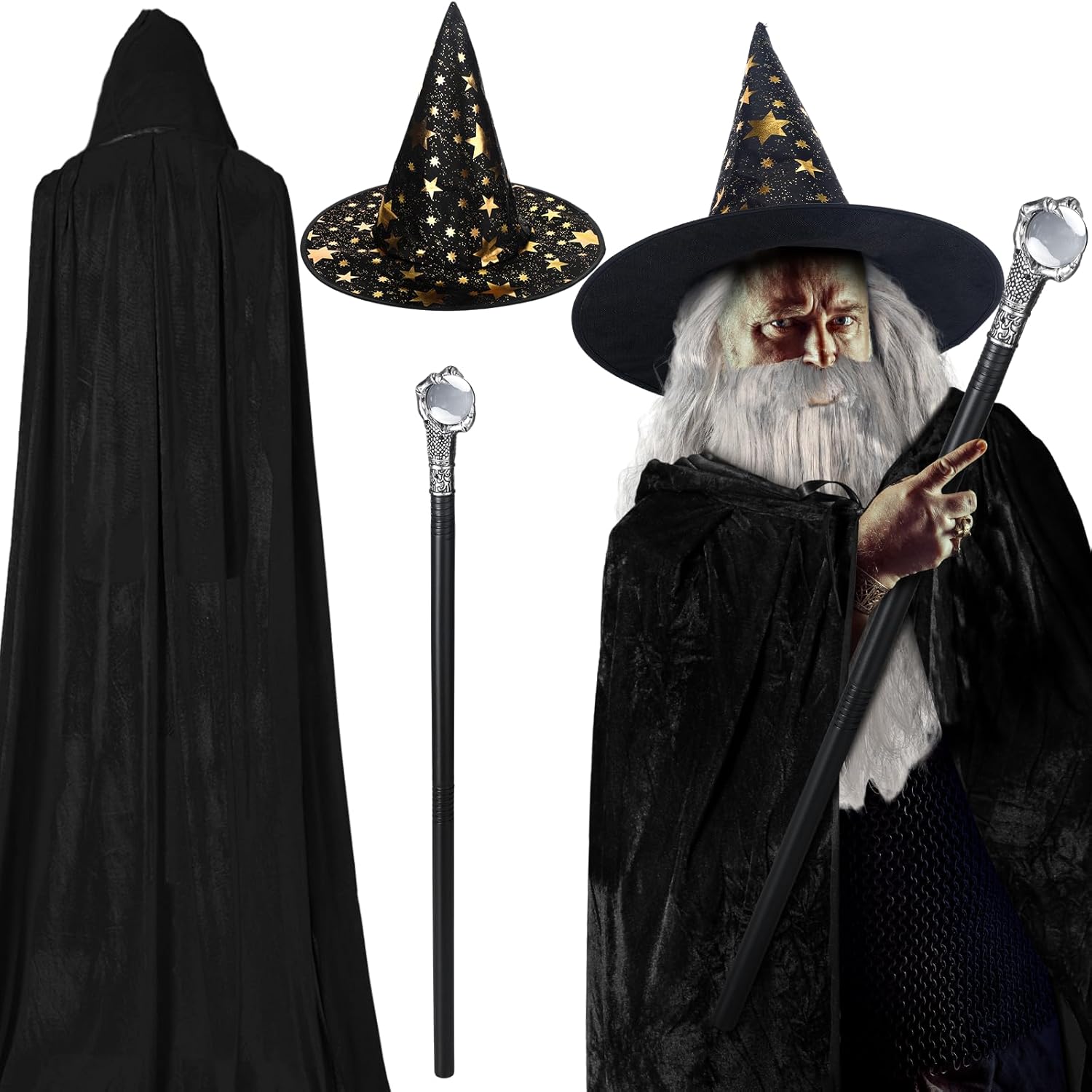 Hicarer 4 Pcs Halloween Wizard Costume Set Include Wizard Hat Cloak Wig Beard Wand Costume Accessories for Adults
