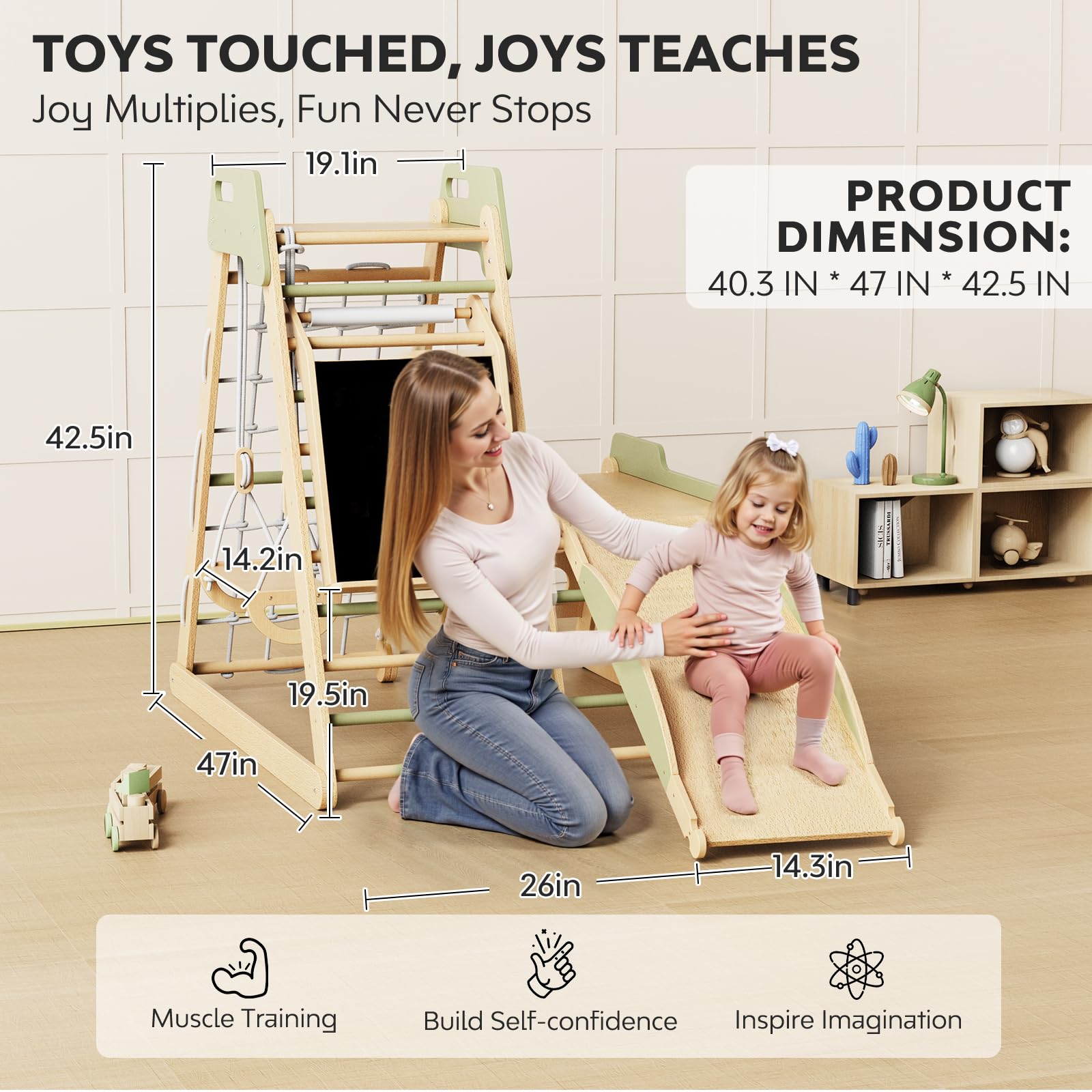 Triángulo de Escalada Infantil 12 en 1 Gimnasio Montessori Psicomotricidad Parque Interior para Niños Estable Conjunto de Juguetes de Madera con Tobogán, Muro, Red, Balancearse, Pizarra 1+ Años