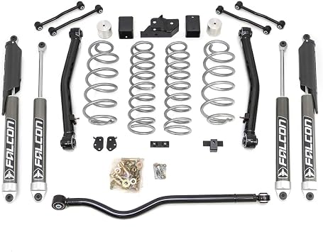 مجموعة ReadyLift 69-6836 Terrain Flex ذات الذراعين مع صدمات Falcon 2.1. 3.5 روبيكون، 4.5 زنبرك فضي صحراوي/رياضي بالإضافة إلى شريط المسار الأمامي