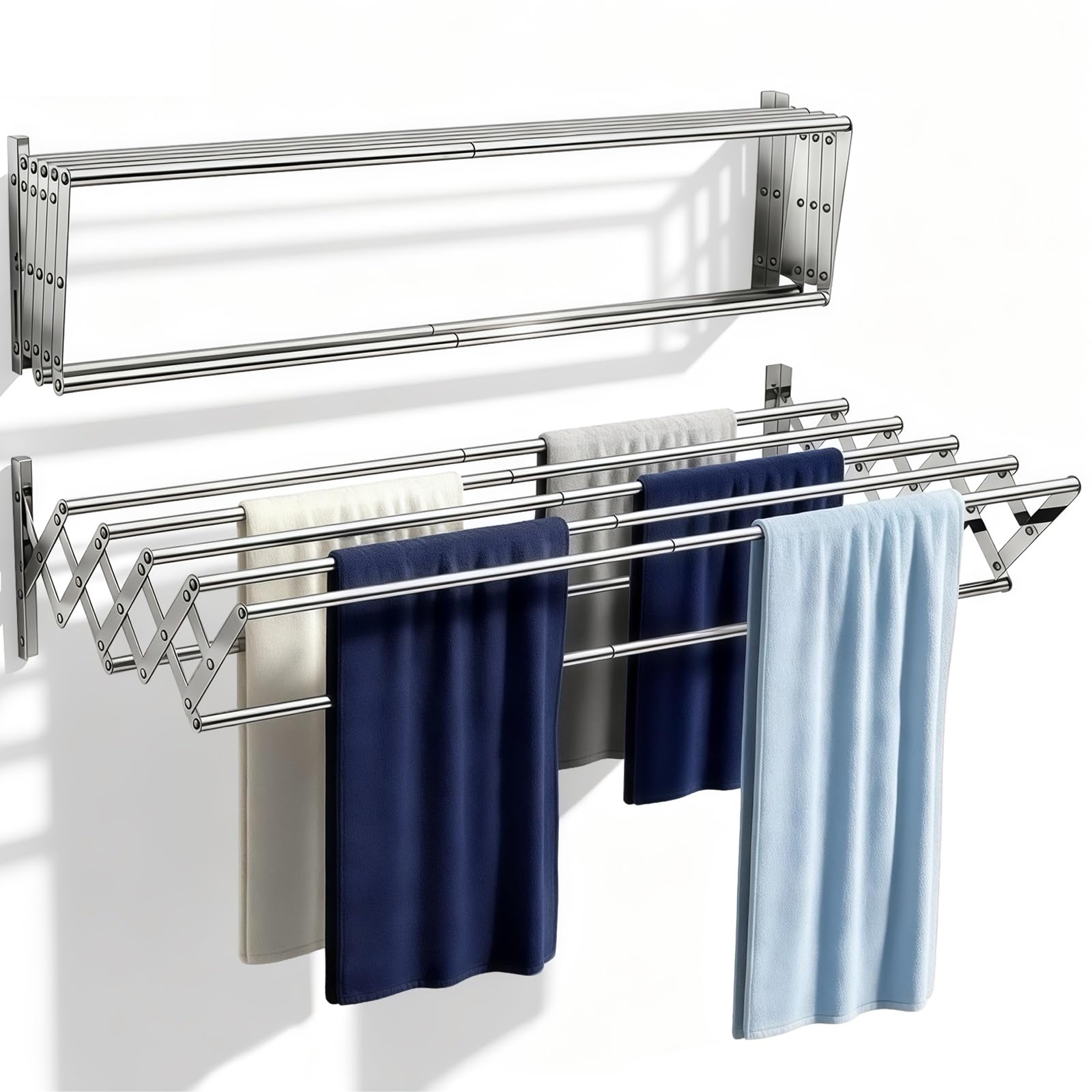 Stendibiancheria Estensibile da Parete,Stendibiancheria da Acciaio Inox per Interni ed Esterni con 7 Barre da 60 cm,Stendibiancheria Estensibile per Balconi e Sopravasca,60x52x18.5cm