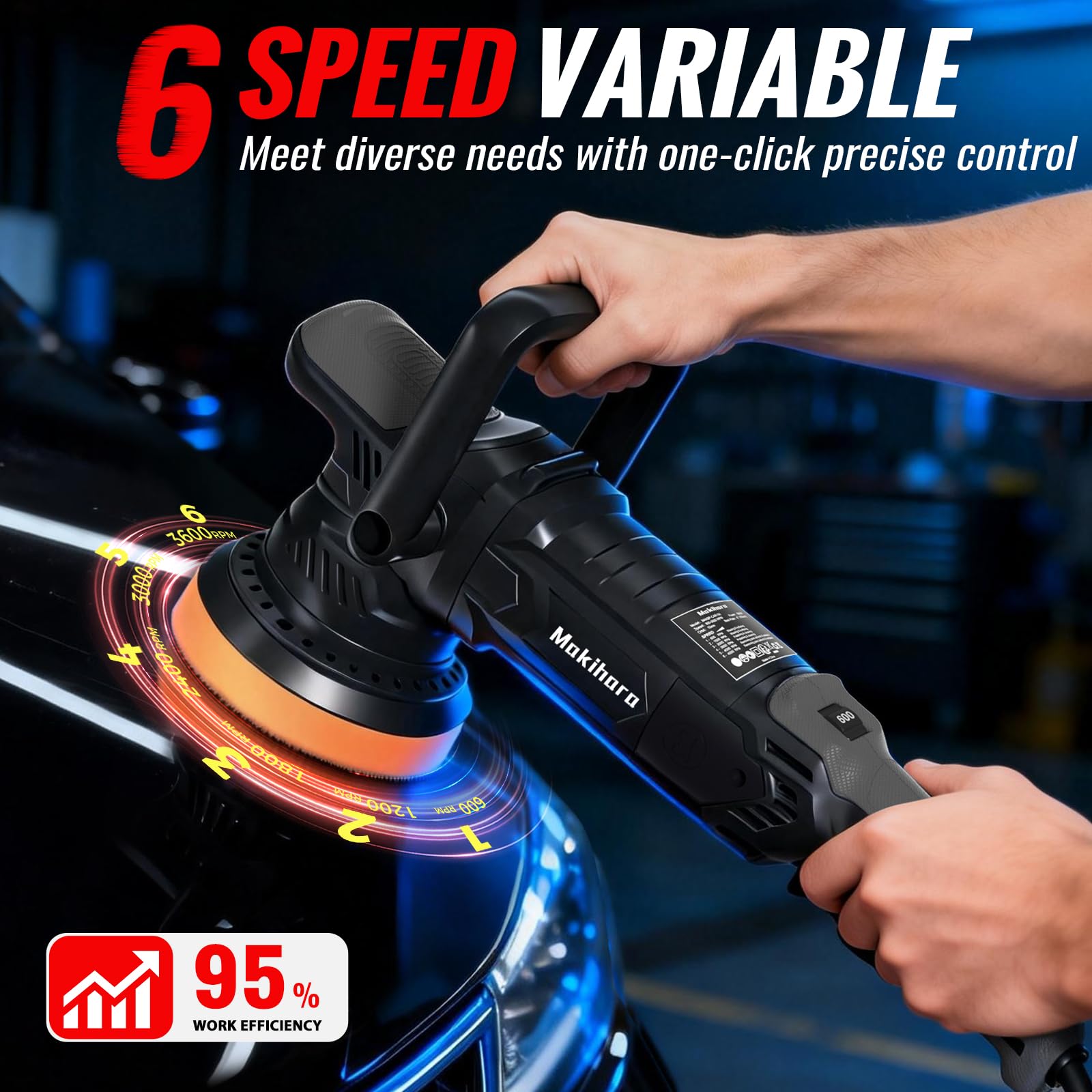 Makihara Polerka buforowa samochodowa, 1600 W, 6 zmiennych prędkości 600-3600 obr./min, 26 szt. nasadek, polerka do detali samochodowych, szlifowania łodzi, usuwania zarysowań