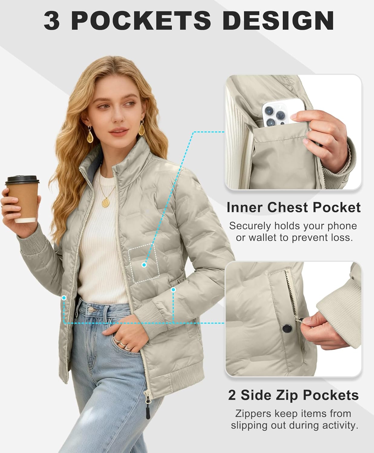 Little Donkey Andy Women's Puffer Jacket Plus Size Lightweight Quilted Jackets Winter Warm Stand Collar Jacket with 3 Pockets - Image 4