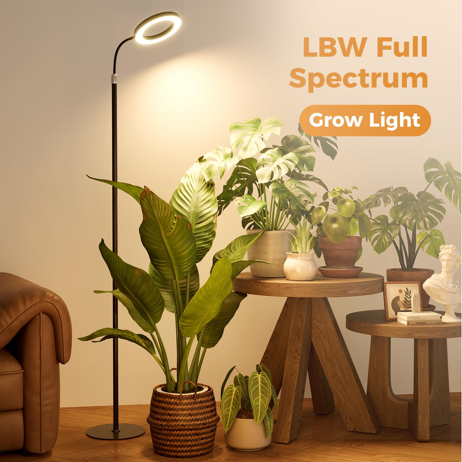 Bamworld Lampada da Coltivazione a LED a Spettro Completo, Lampada da Terra con Altezza Regolabile, 10 Livelli di Luminosità, Timer 3/9/12H, per Piante da Interno