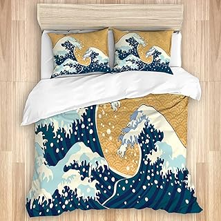 KOSALAER Ensemble de Housse de Couette en Coton lavé, tempête de mer au Japon Dessin Traditionnel Mousseux Grandes Vagues, Ensemble de literie Doux de Luxe 3 pièces King Size