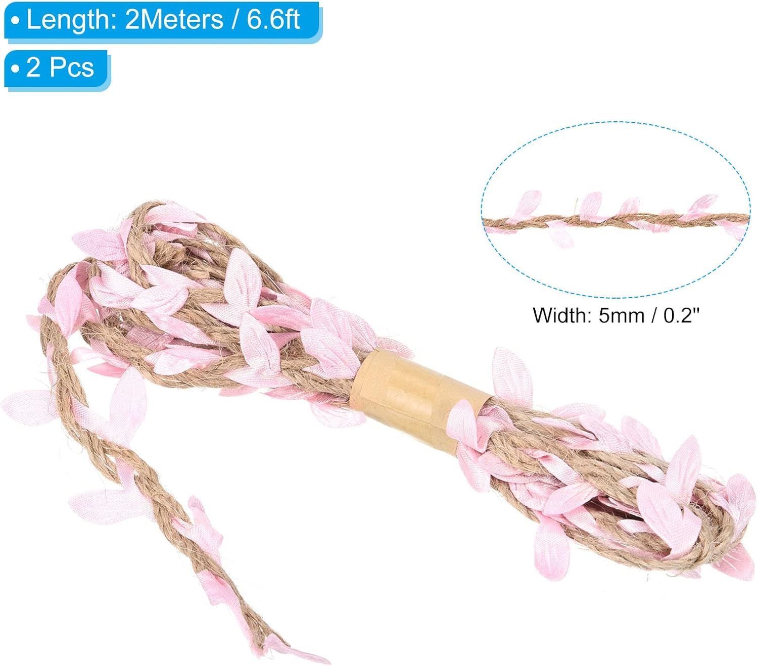 6.6ft 5mm Burlap Leaf Ribbon, 2 Pack Plaited Decoration Vine Natural Jute Rope Twine with Artificial Leaves for Jungle Wedding Party Home Garden Decor, Pink