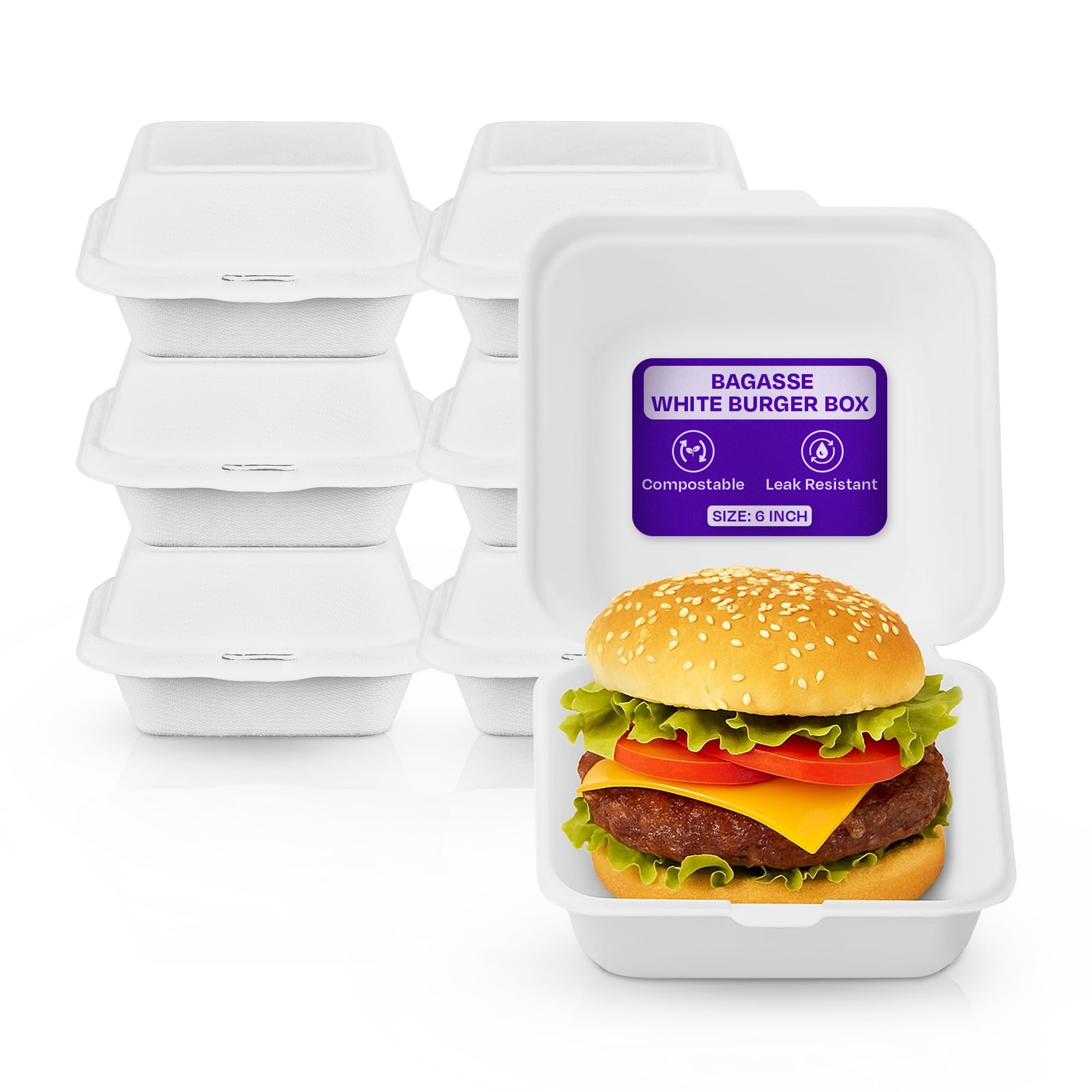 We Can Source It Ltd White - Bagasse Compostable Burger Box For Takeaways, Festivals, Carnivals, Cafes - Pack Of 50 6" Burger Food Containers