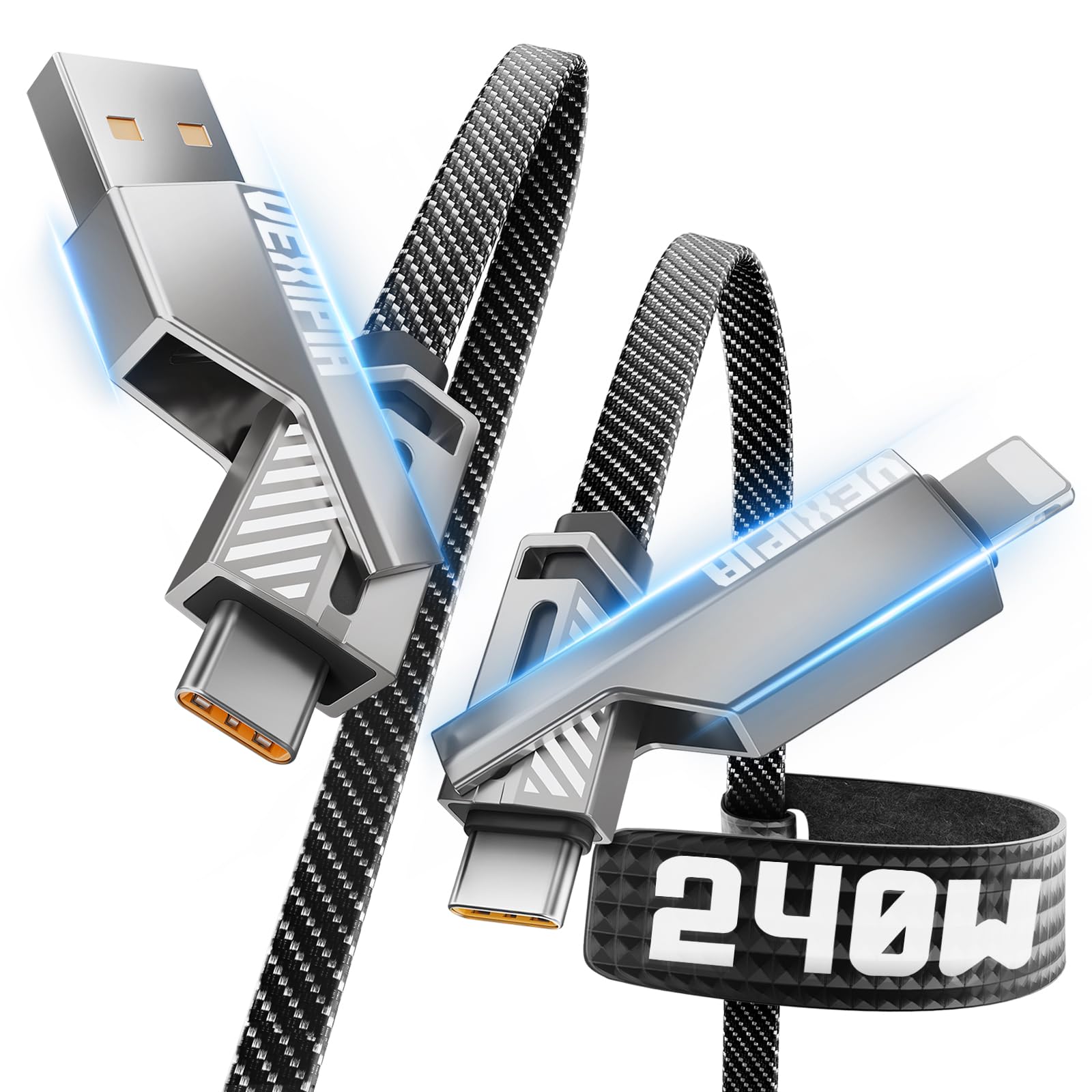 [Upgraded] 4-in-1 USB C Cable 240W 5FT Compatible with Lightning Cable [Fast Charging & Data Transfer] Flat Nylon Braided for iPhone iPad Charger Cord