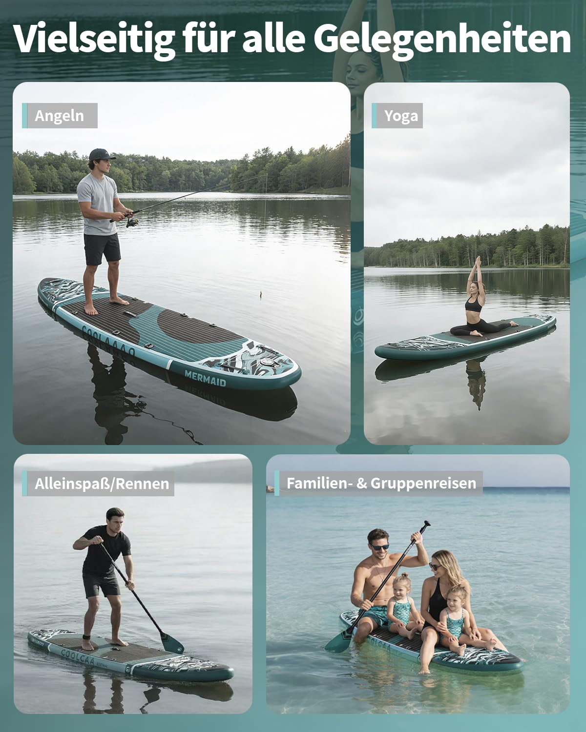 COOLCAA SUP Board, 355cm (Extra Groß) Stand Up Paddling Board, Aufblasbares Stand-Up Paddle Board mit 86cm Extra Breit, Fishing Paddleboard mit Zubehör & Tragetasche für Adults, 222 kg