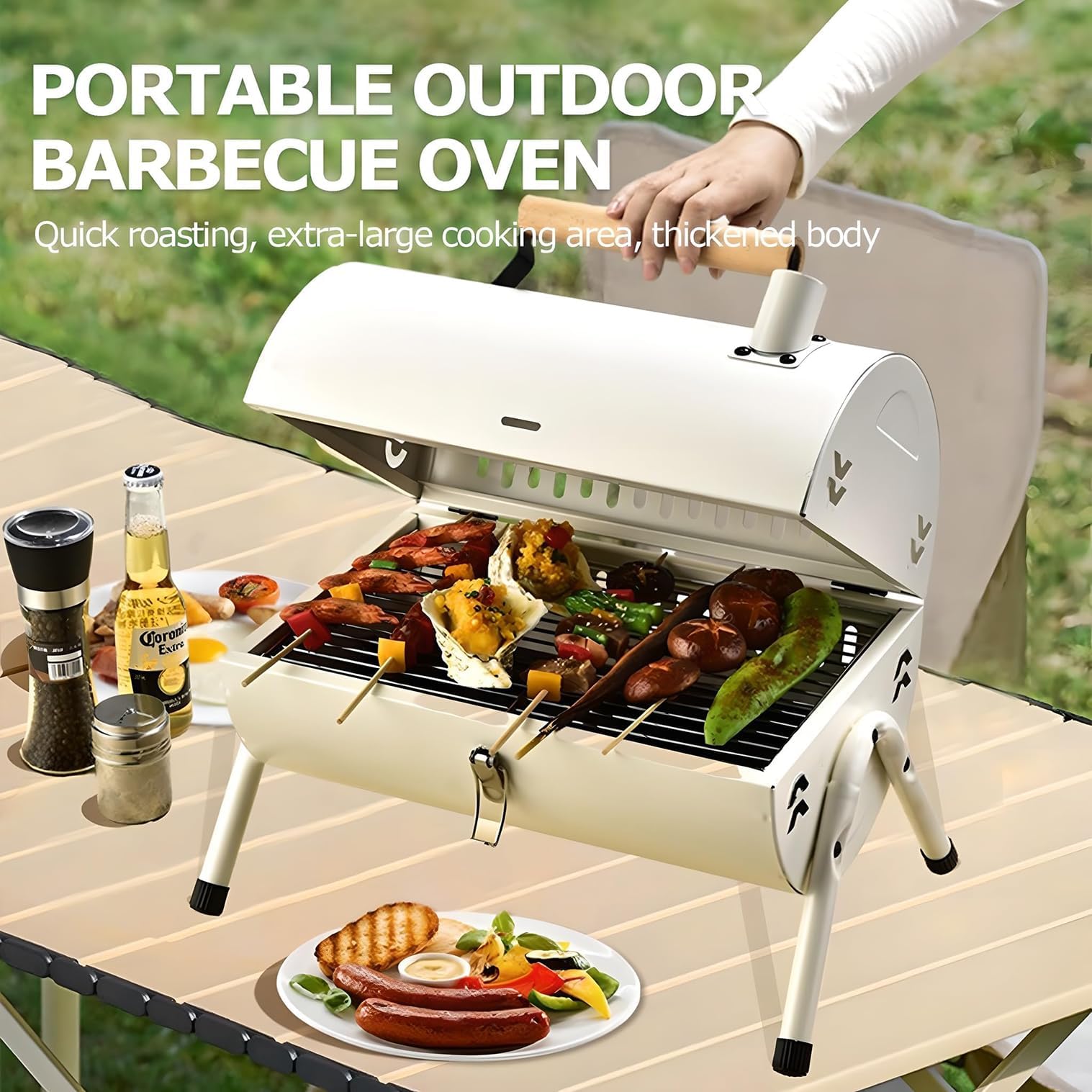 Przenośny grill ze stali nierdzewnej dwustronny z kominem i odpornym na ciepło uchwytem na kemping, piknik, gotowanie na świeżym powietrzu i grillowanie