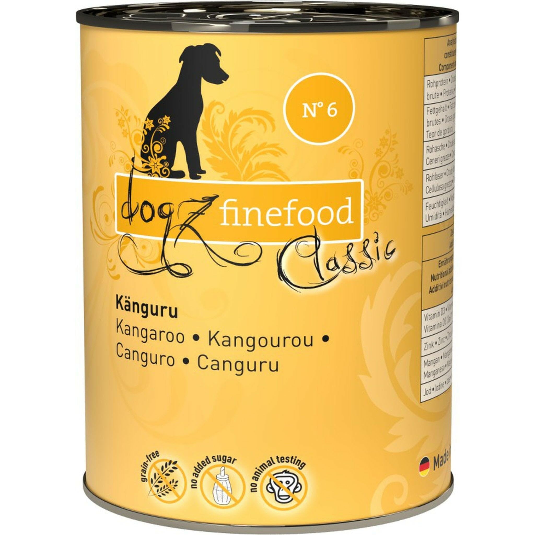 dogz finefood Hundefutter nass - N° 6 Känguru - Feinkost Nassfutter für Hunde & Welpen - getreidefrei & zuckerfrei - hoher Fleischanteil, 6 x 400 g Dose